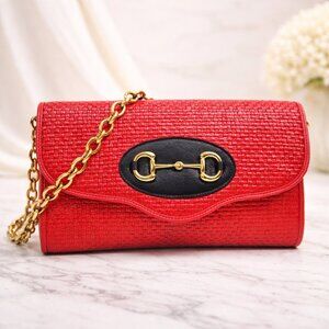 Authentic Gucci Horsebit Raffia Straw Chain Clutch Red | Vintage Designer Summer